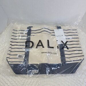 DALIX‎ Navy Striped Tote Deluxe Shoulder Bag Cotton Canvas Coastal Beach Summer